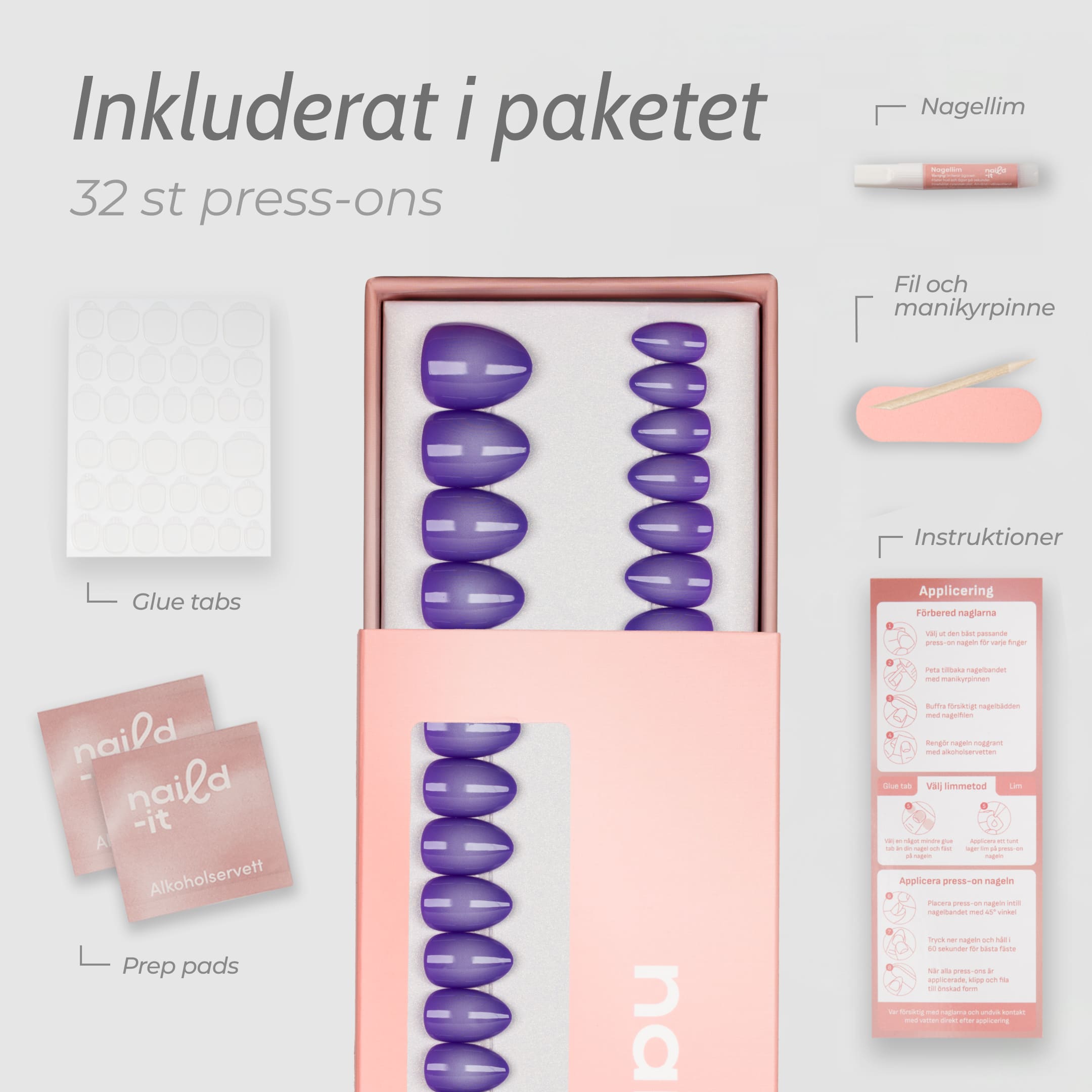 Den kortare längden ger ett naturligt och balanserat intryck som passar perfekt för kortare nagelbäddar och mindre händer. Designen har en ljusare mitt som tonas ut i lila mot kanterna - perfekt för dig som vill ha korta press-on naglar som känns färgstarka men fortfarande eleganta.
