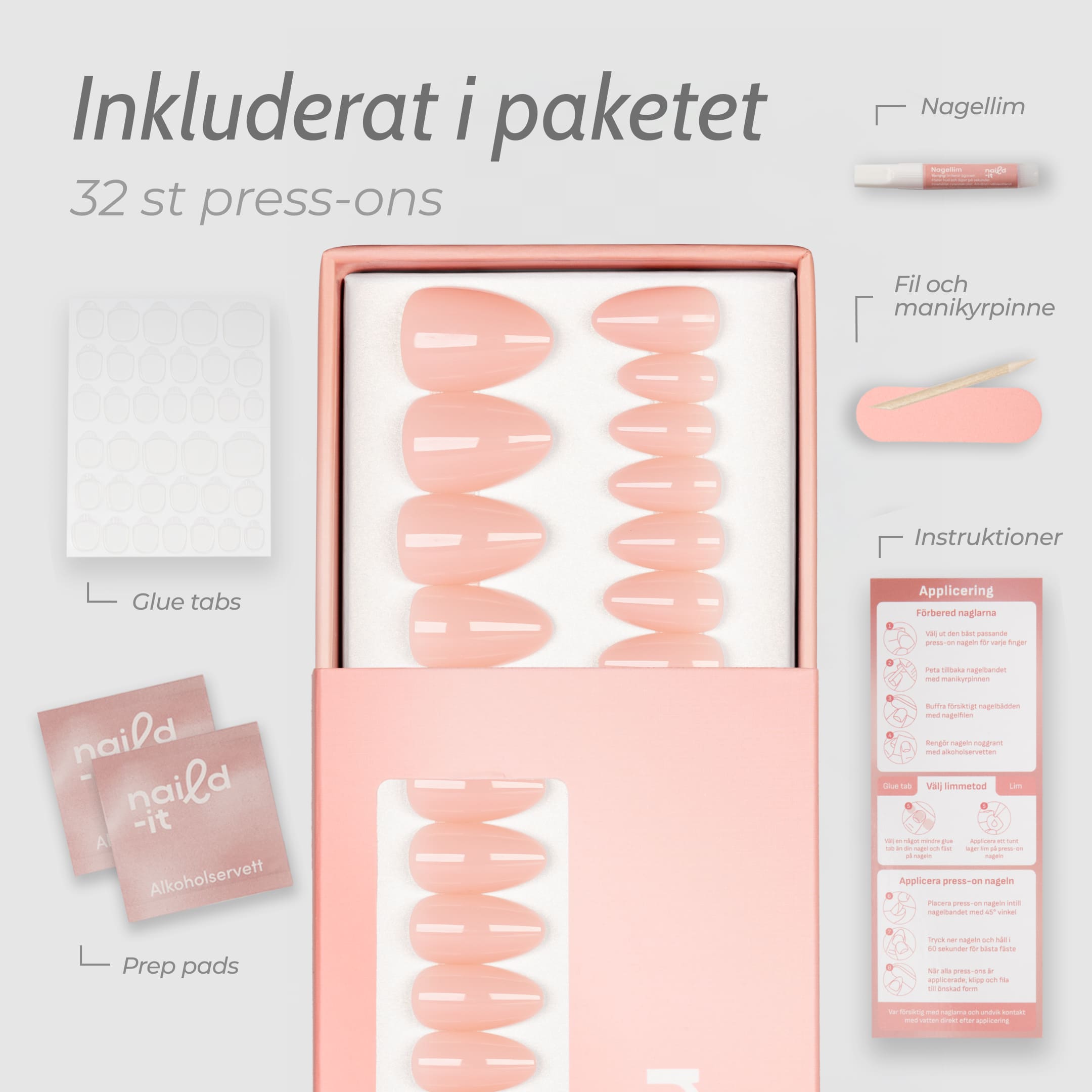 Ballet Blush Almond press-on lösnaglar i almondform med mjuk nude-rosa nyans och glansig finish