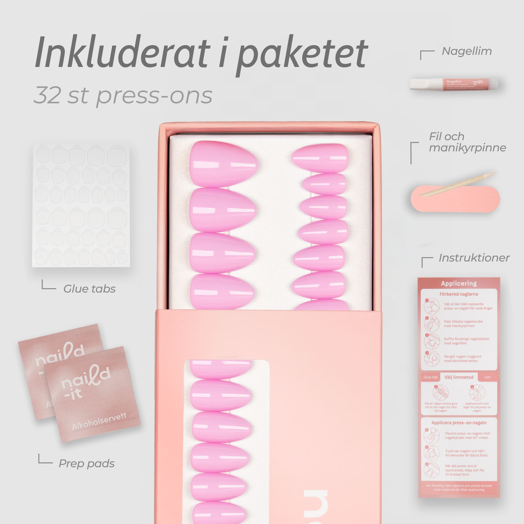 Barbie Almond press-on lösnaglar i almondform med intensiv rosa nyans och spegelblank finish