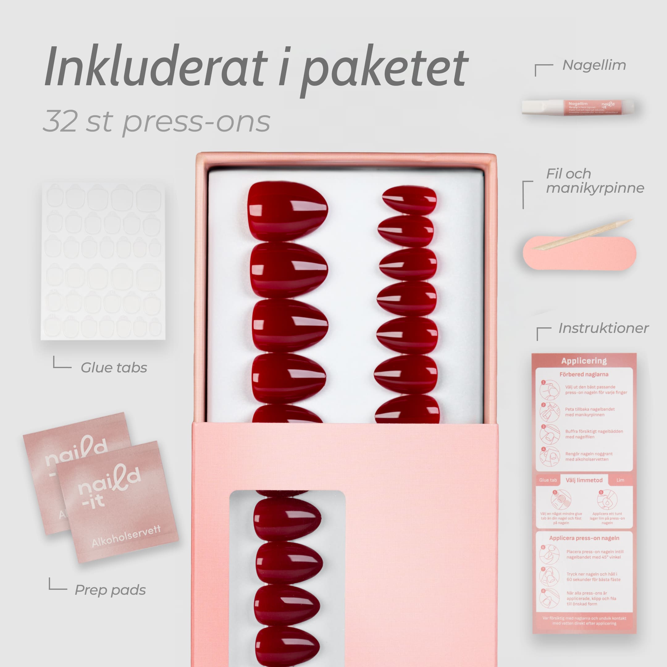 Bordeaux Almond Short press-on lösnaglar i kort almondform med djup vinröd nyans och glansig finish