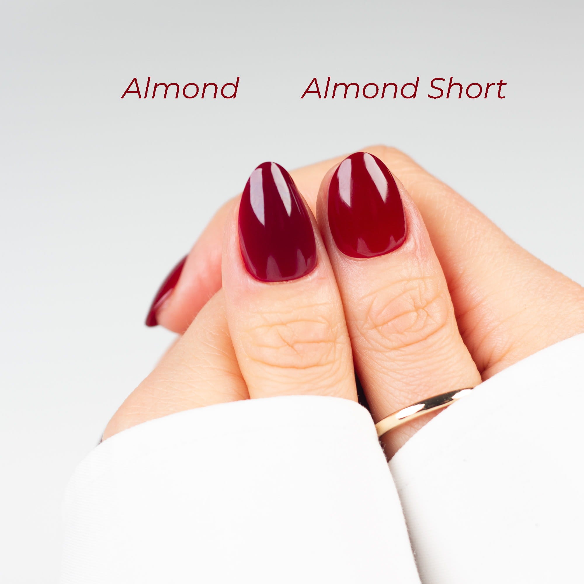 Jämförelse Bordeaux Almond Short jämfört med Bordeaux Almond kortare press-on naglar