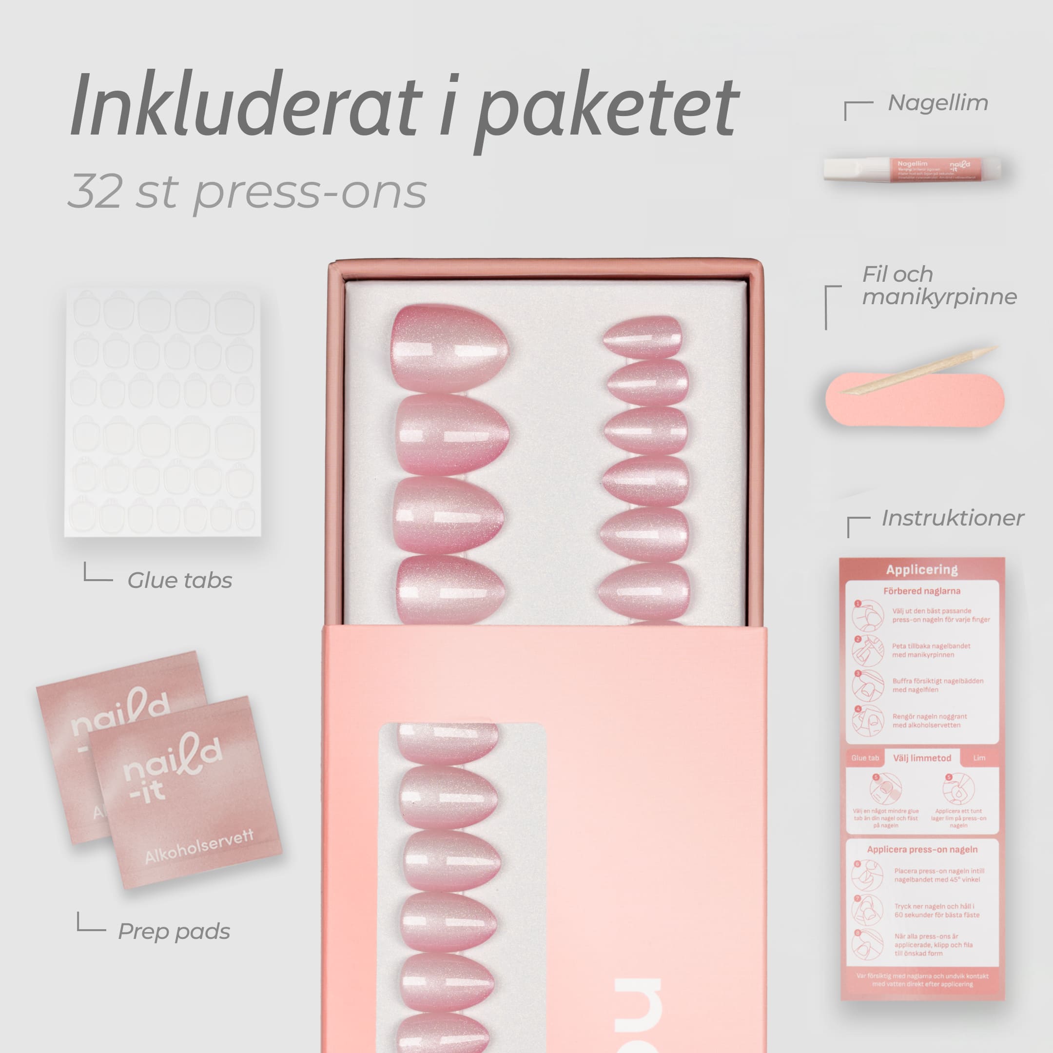 Cat Eye Crystal Pink Almond Short är en kort press-on i vår populära almond short-form, med en kall rosa nyans och ett intensivt kristalliknande skimmer.