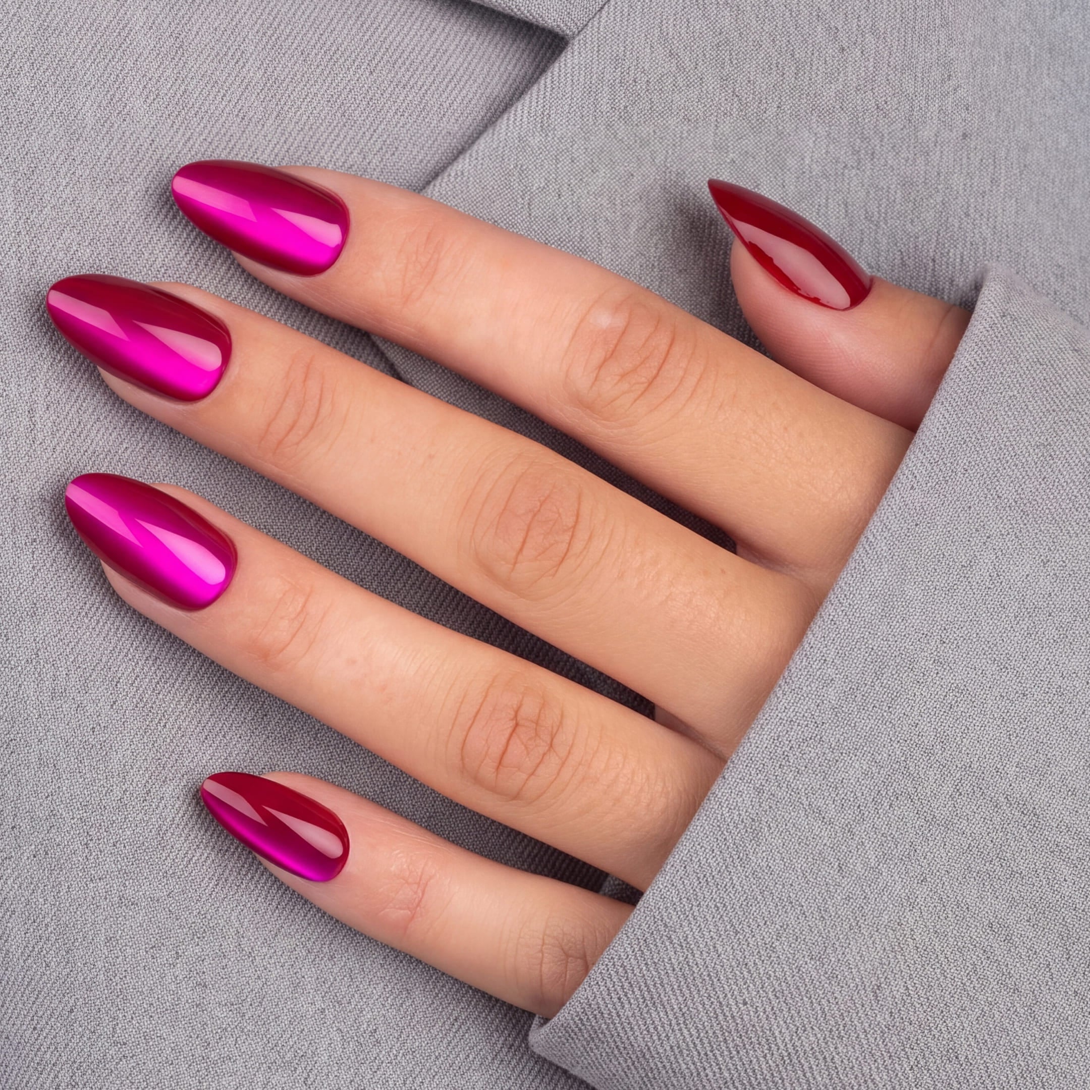 Cat Eye Hot Pink Almond är press-on naglar i vår klassiska almond-form, i en intensiv lila/rosa nyans med en skimrande cat eye-effekt.