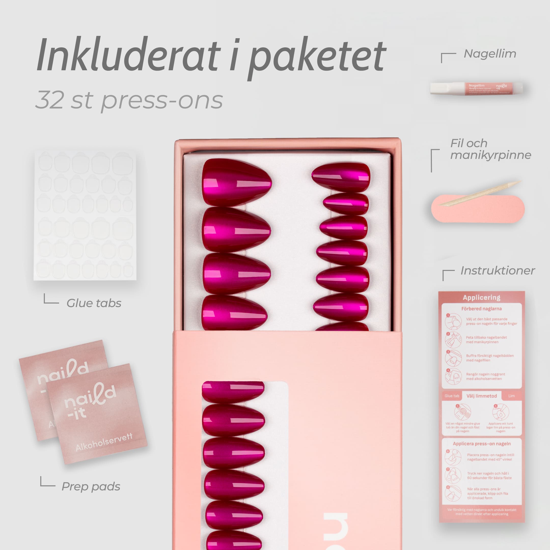 Cat Eye Hot Pink Almond är press-on naglar i vår klassiska almond-form, i en intensiv lila/rosa nyans med en skimrande cat eye-effekt.