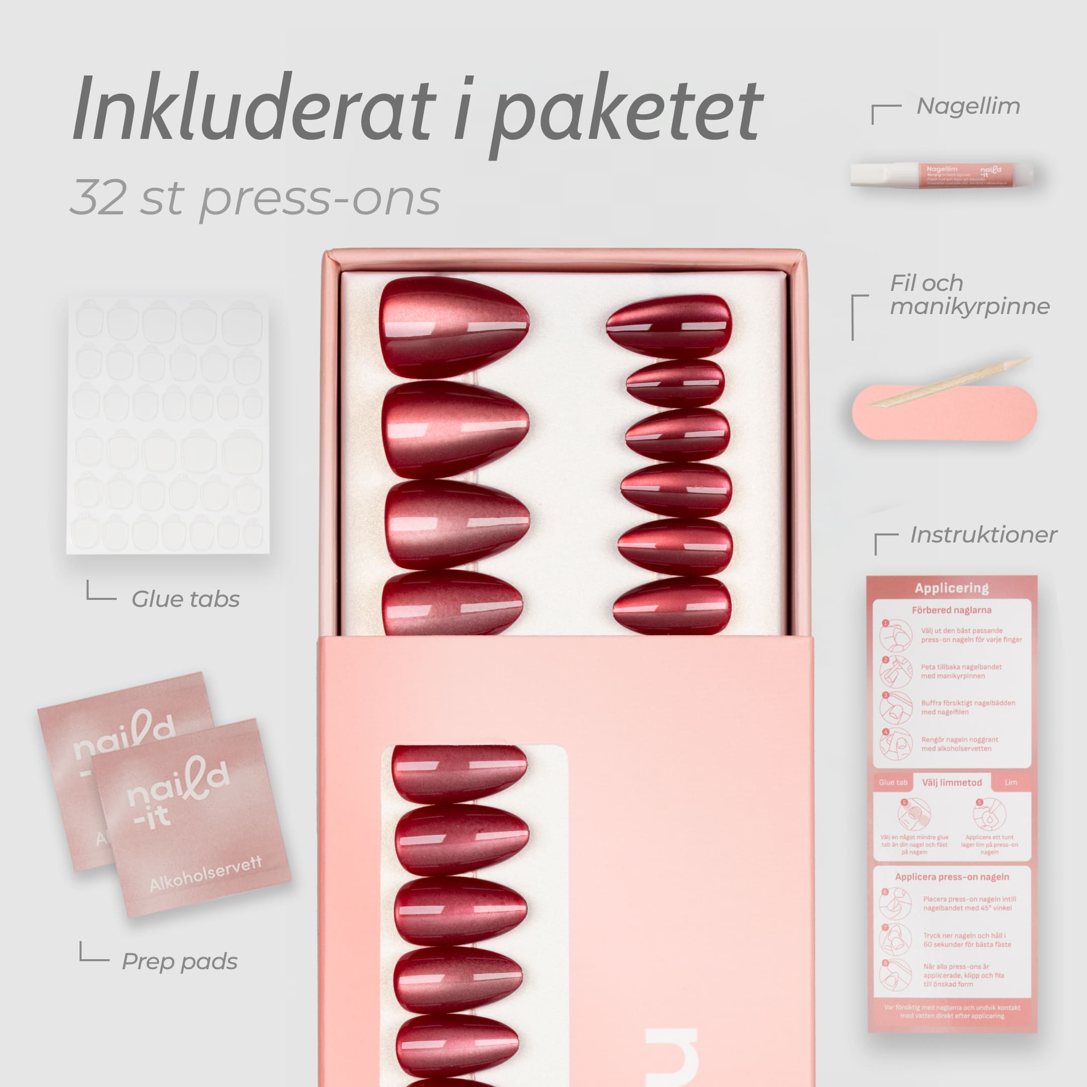 Cat Eye Ruby Almond press-on lösnaglar i almondform med djup röd nyans och skimrande cat eye-effekt