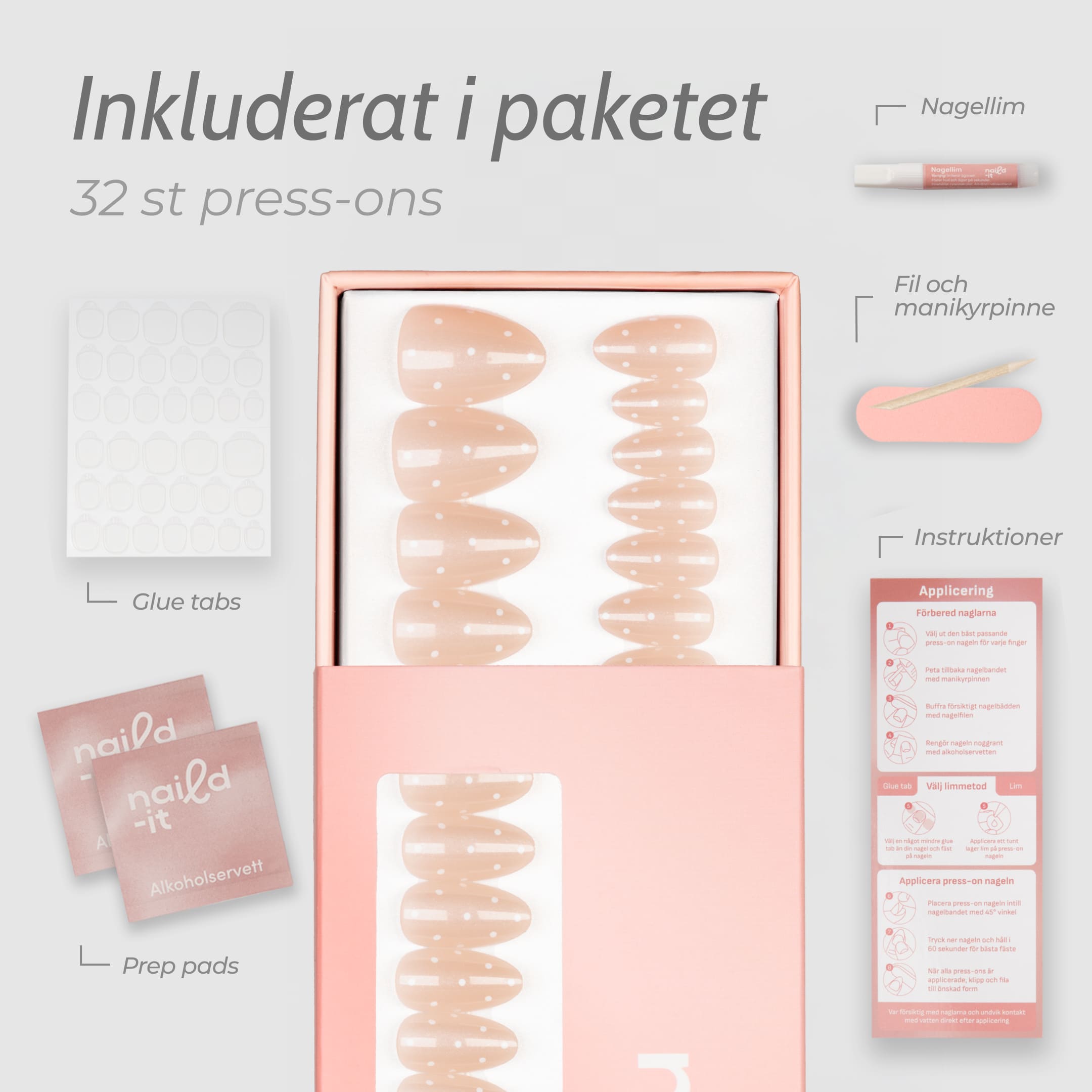 Champagne Bubbles Almond är vår jubileumsdesign för att fira att Naild-it fyller 1 år. En mjuk champagne-nude med vita polkadots i klassisk almond-form.