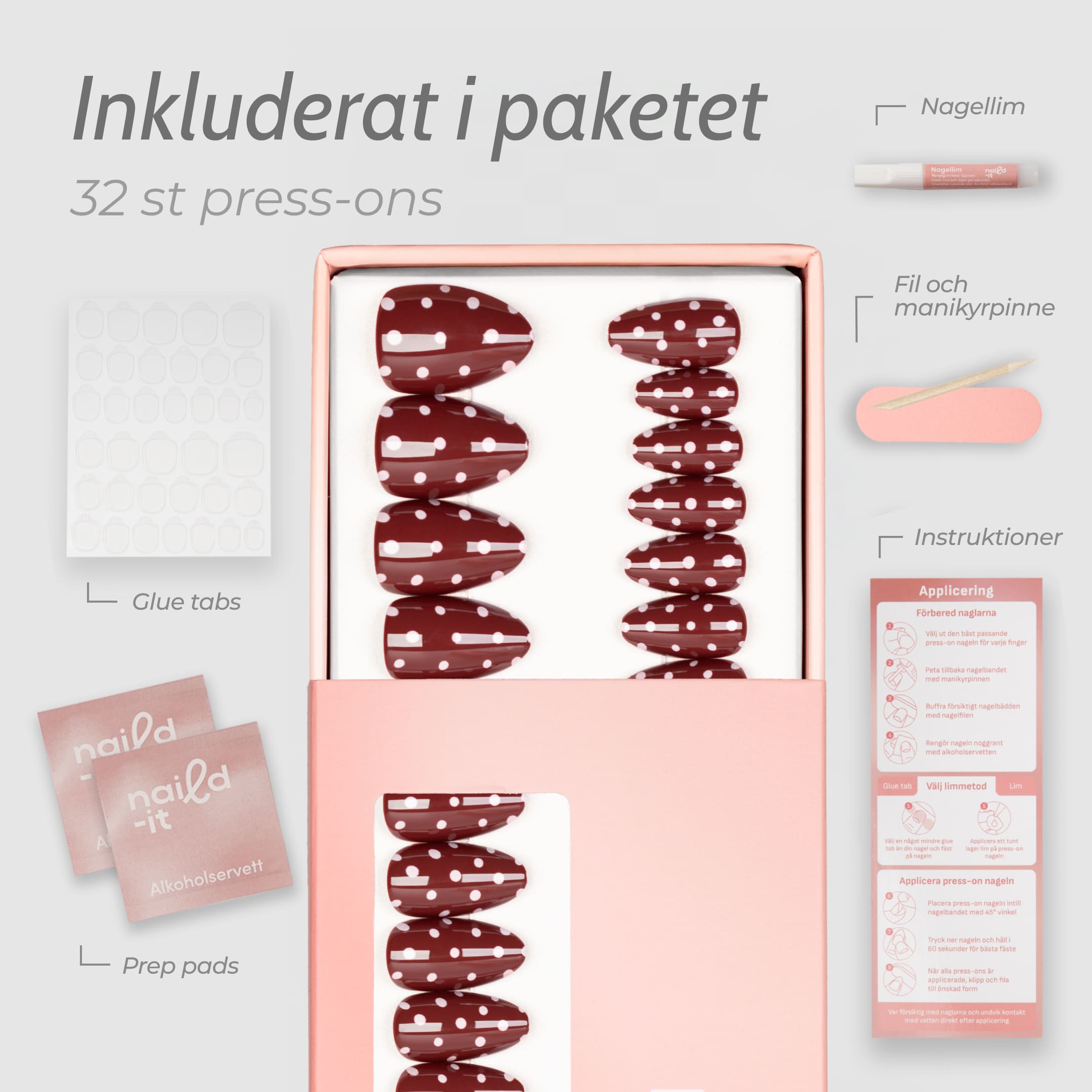 Coco Polka Almond press-on lösnaglar i almondform med varm brun nyans och rosa prickar