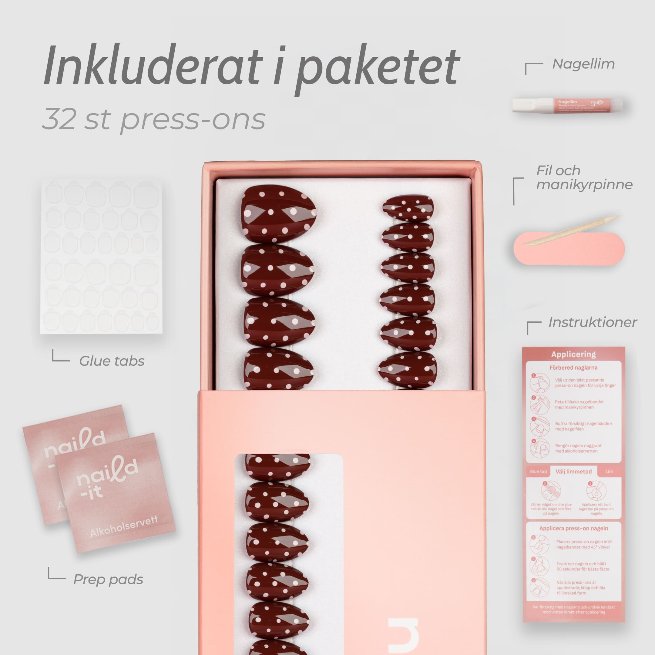 Coco Polka är en kort press-on i vår populära almond short-form.