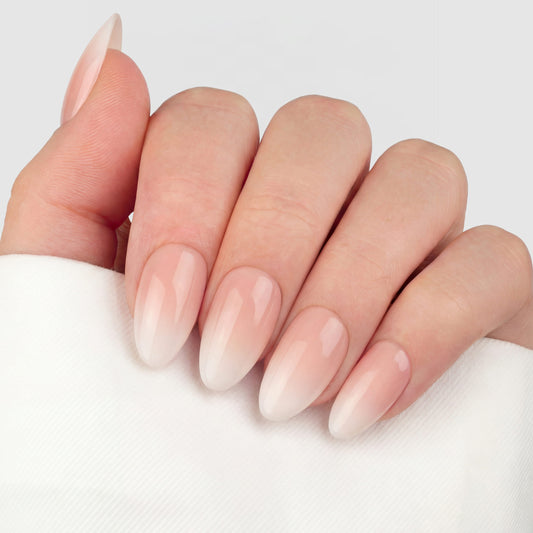 French Ombre Almond press-on lösnaglar i almondform med mjuk ombre-effekt från rosa till vitt