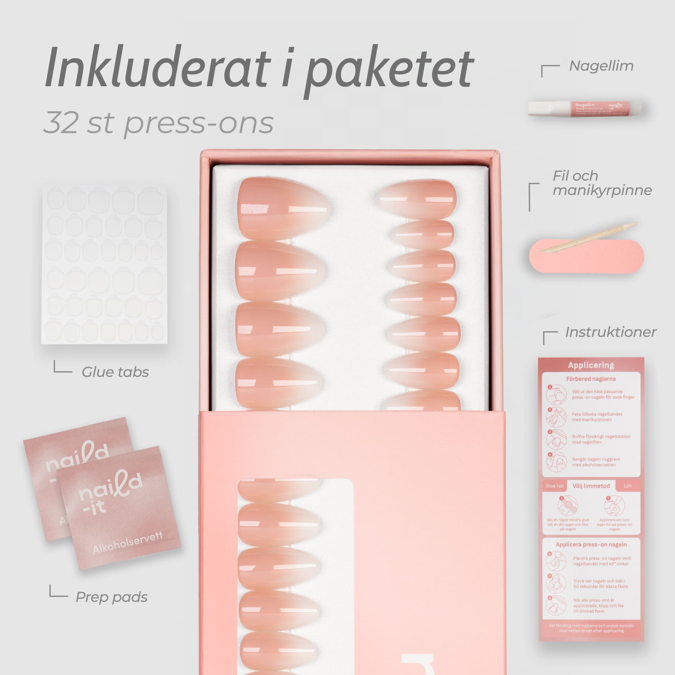 French Ombre Almond press-on lösnaglar i almondform med mjuk ombre-effekt från rosa till vitt