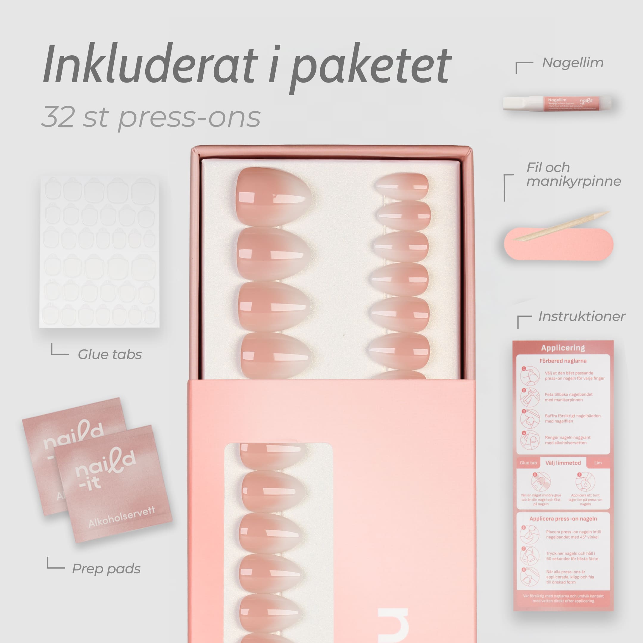 French Ombre Almond Short press-on lösnaglar i kort almondform med mjuk ombre-effekt från nude till vitt