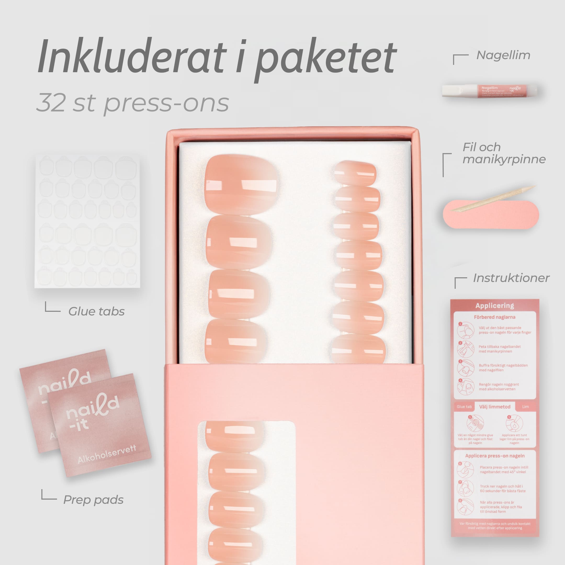 French Ombre Squoval Short är press-on naglar i en kort squoval-form – en perfekt balans mellan square och oval med mjukt rundade hörn.