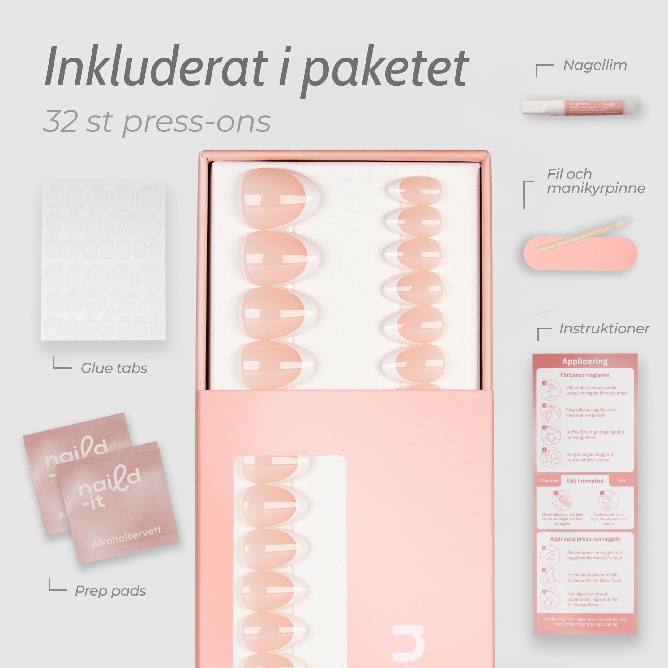 French Tip Almond Short press-on lösnaglar i kort almondform med vit fransk tipp och naturlig bas