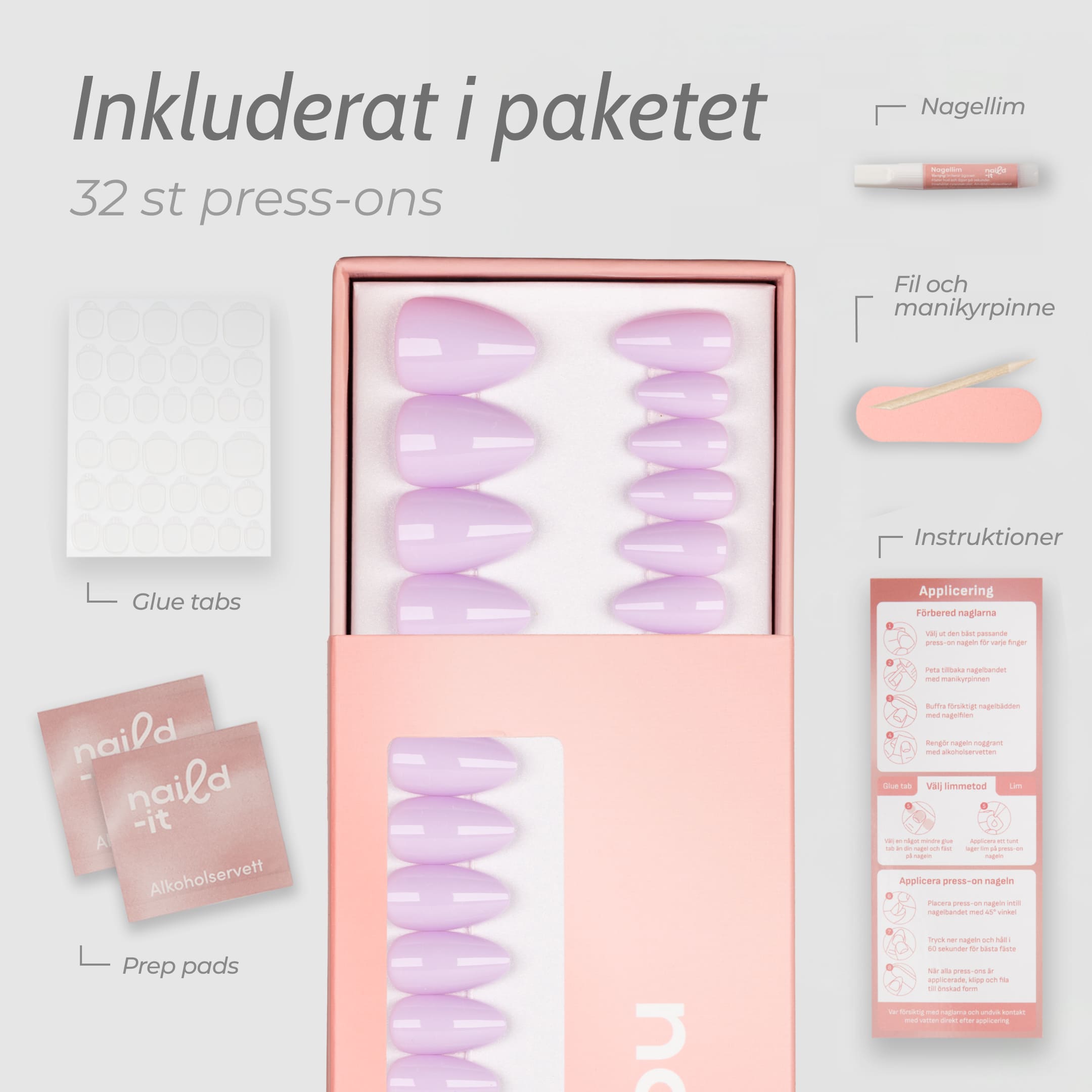Lavender Almond press-on lösnaglar i almondform med mjuk pastellila nyans och len, glansig finish