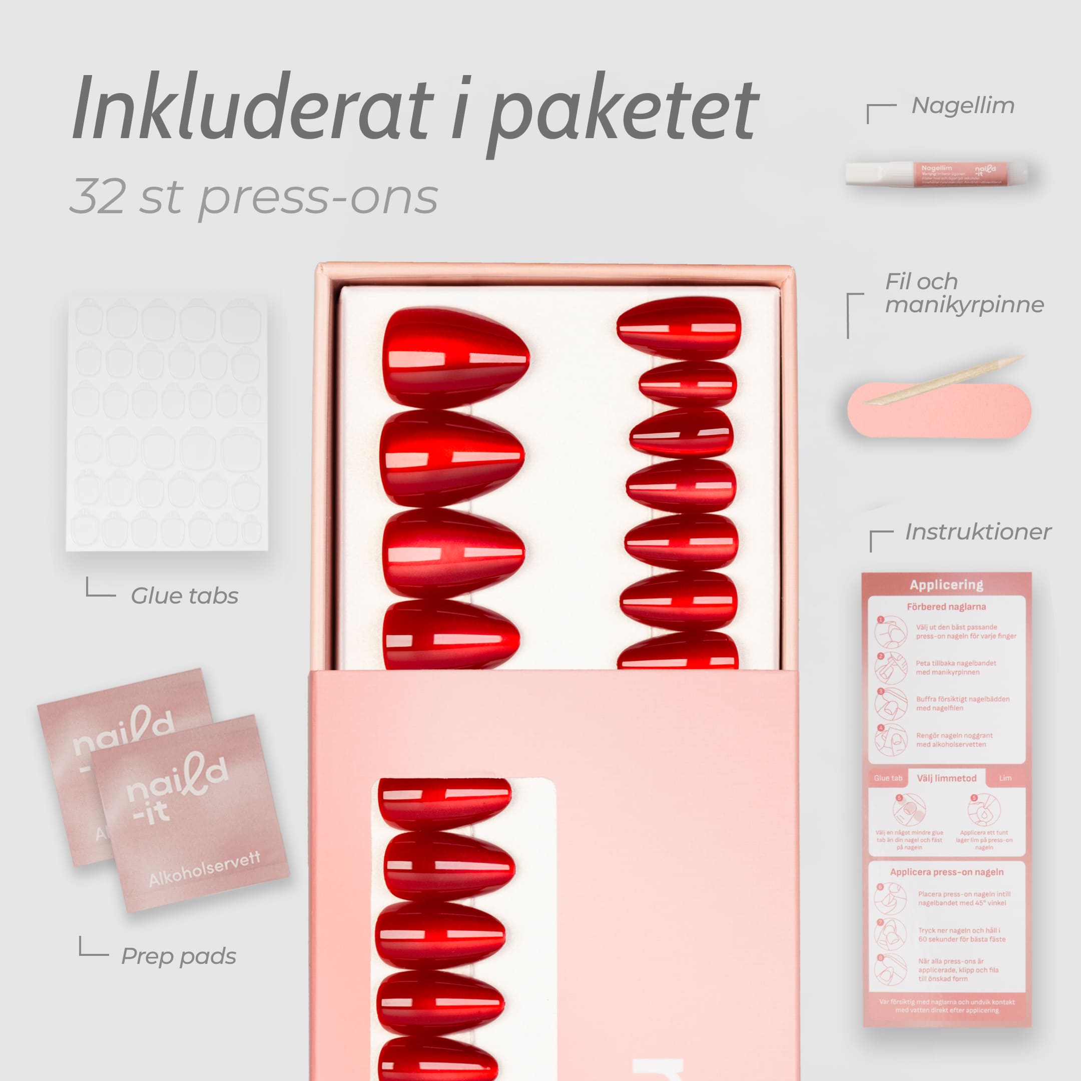 Röda press-on lösnaglar i almondform med högblank finish och romantisk look. Återanvändbara naglar som håller upp till 2 veckor med lim eller glue tabs.