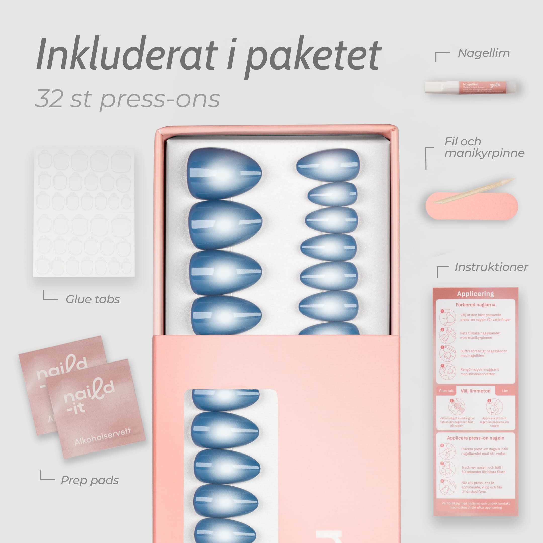 Lunar Aura Almond press-on lösnaglar i almondform med svala blå toner och mjuk aura-effekt