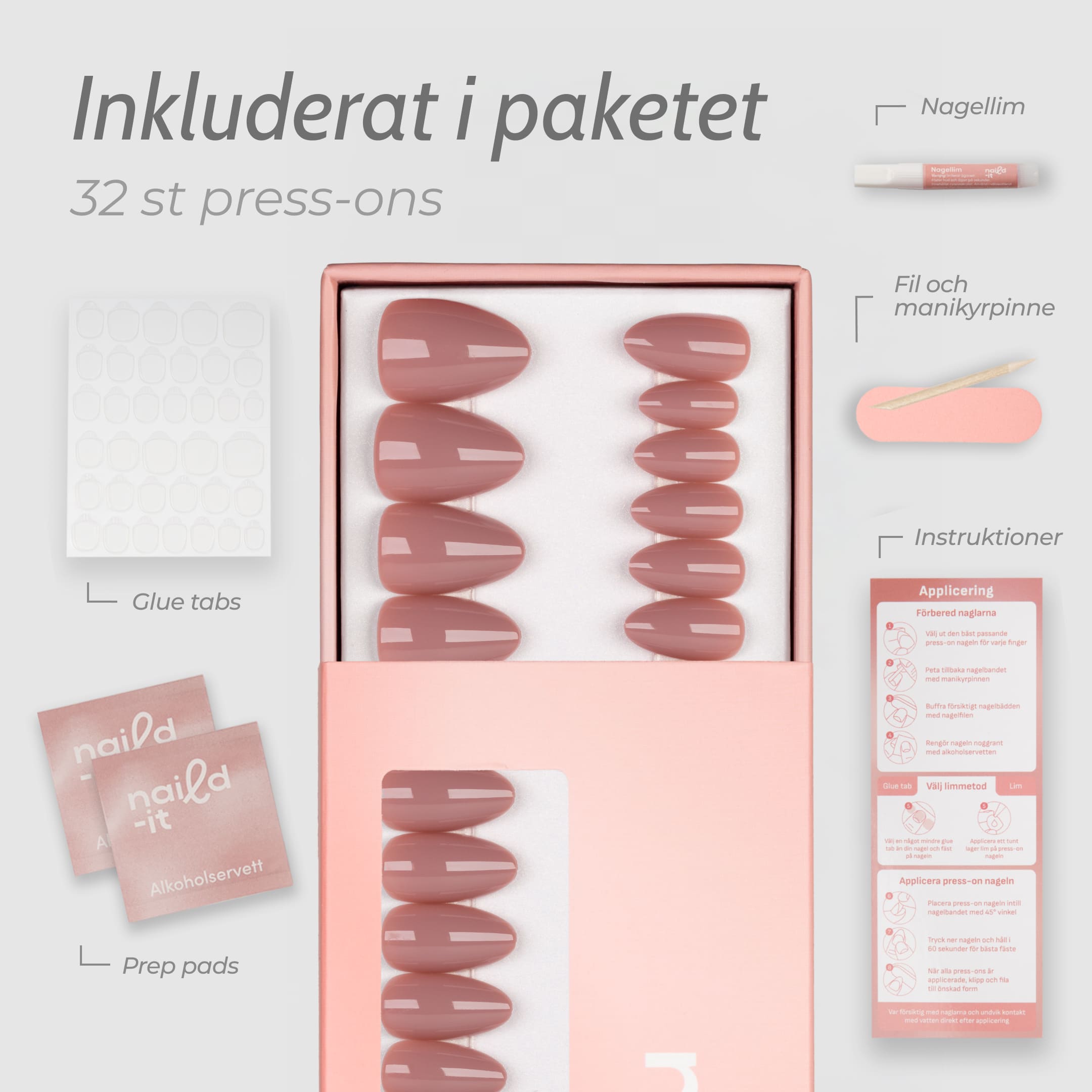 Mauve Almond 1 långa enfärgade lösnaglar press-on naglar Naild-it med lim ocg glue tabs