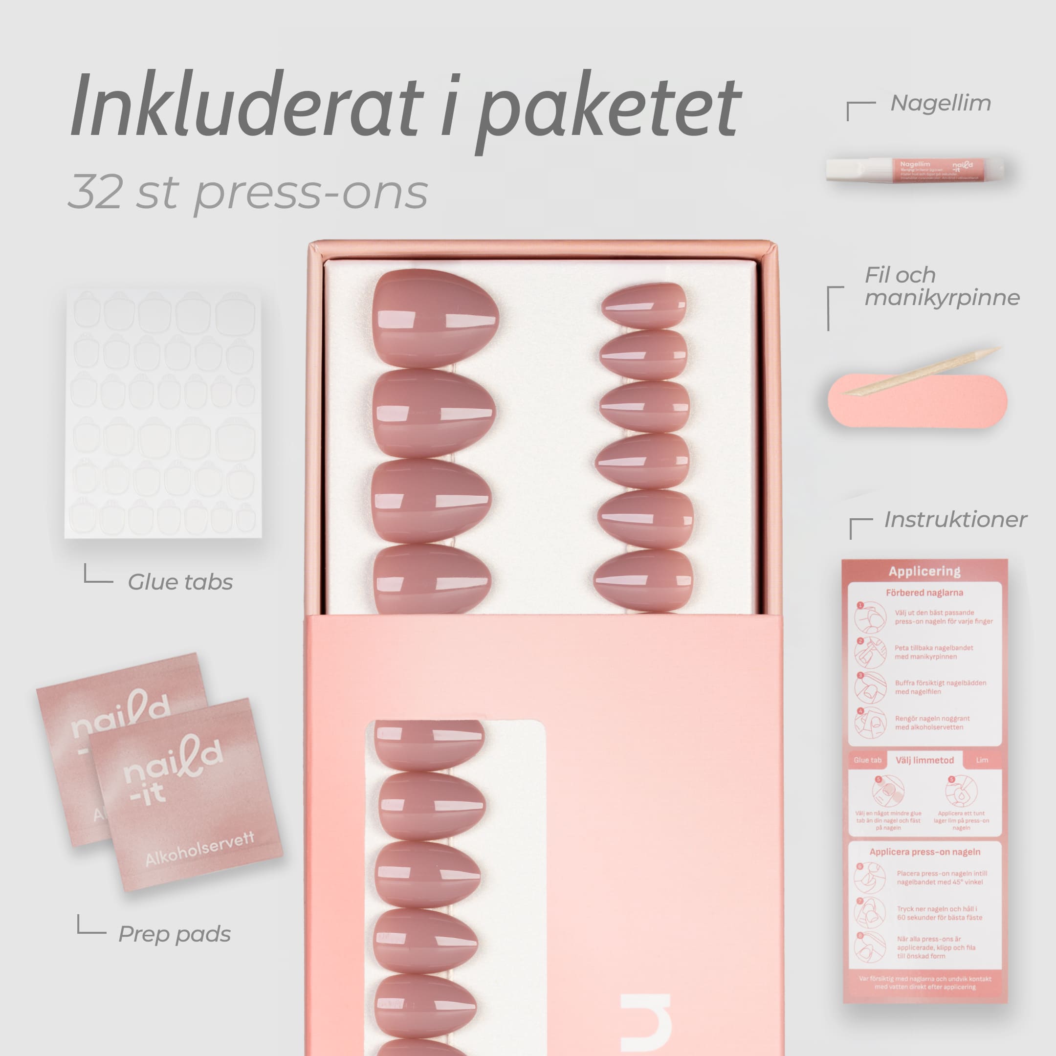 Mauve Almond Short press-on lösnaglar i kort almondform med elegant mauve-nyans och glansig finish