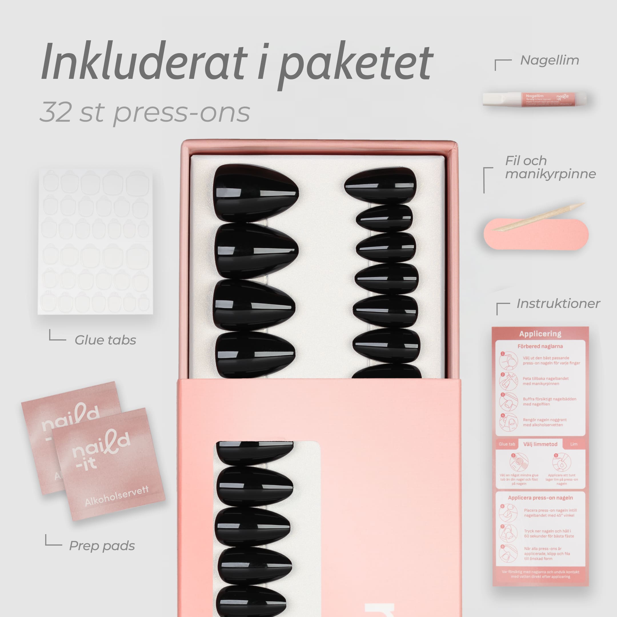 Svarta press-on lösnaglar i almondform med spegelblank finish och tidlös look. Återanvändbara naglar som håller upp till 2 veckor med lim eller glue tabs.