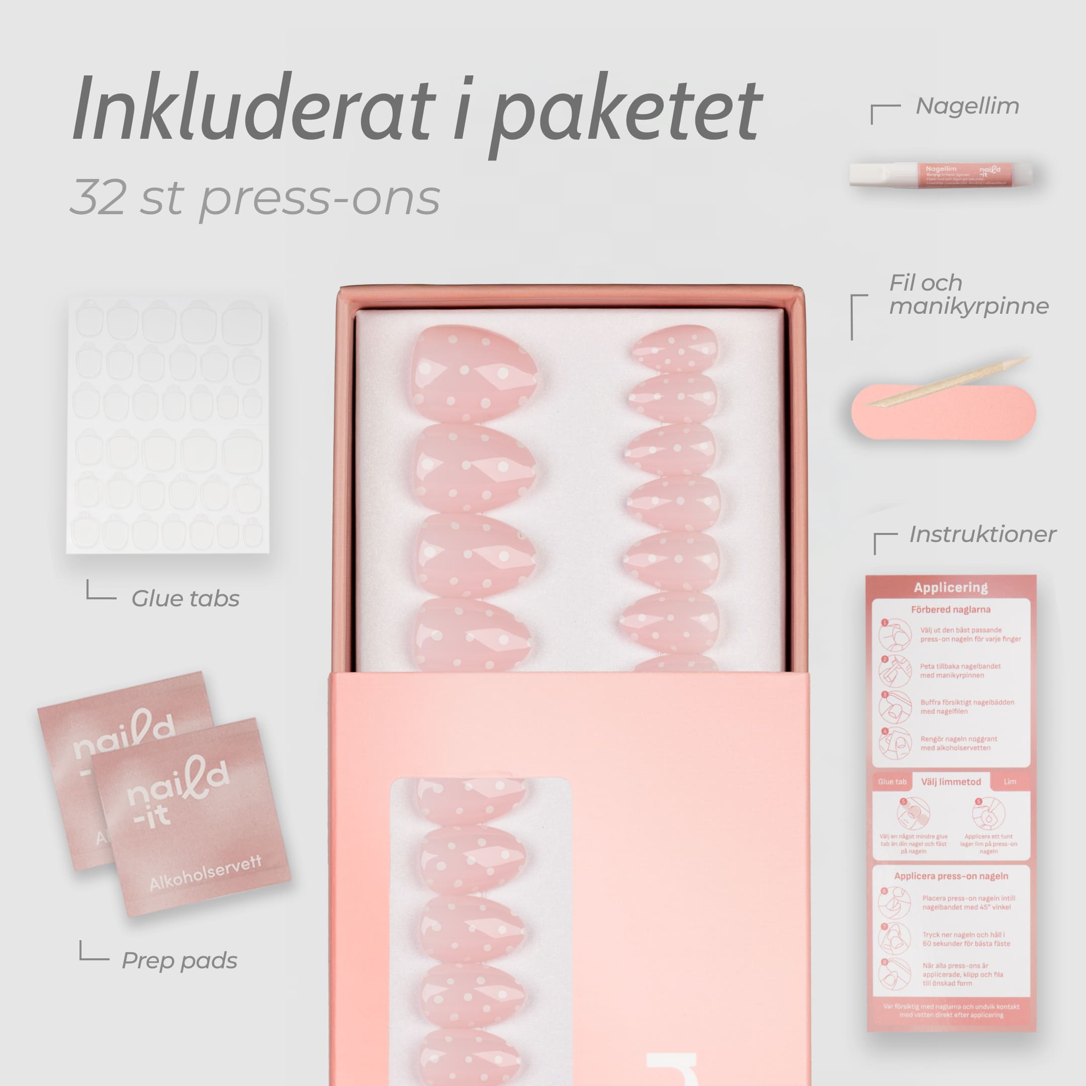 Pink Polka Almond Short är en ljusrosa press-on med vita prickar i vår populära kortare almond short-form.