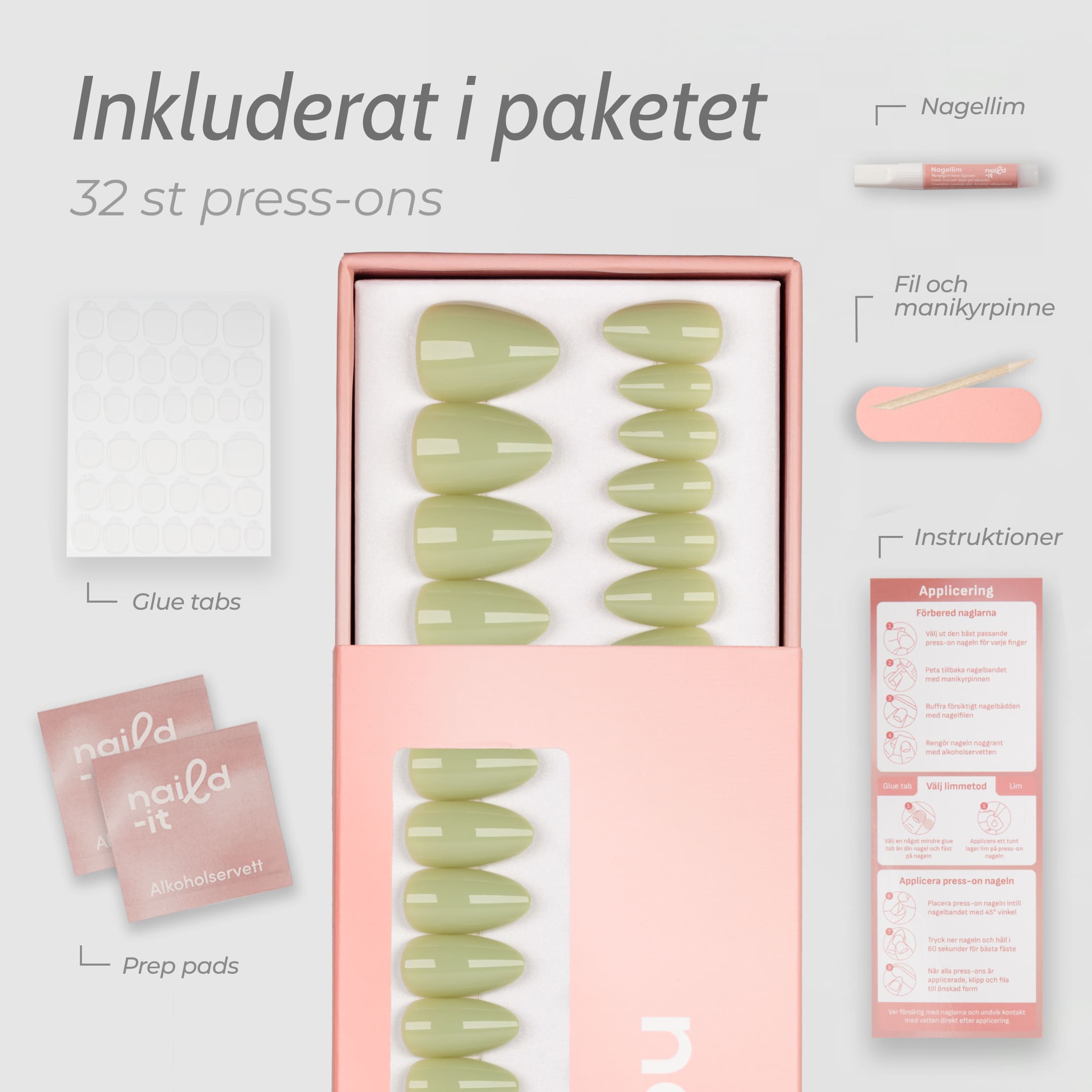 Pistachio Almond är press-on naglar i en mjuk pistagegrön