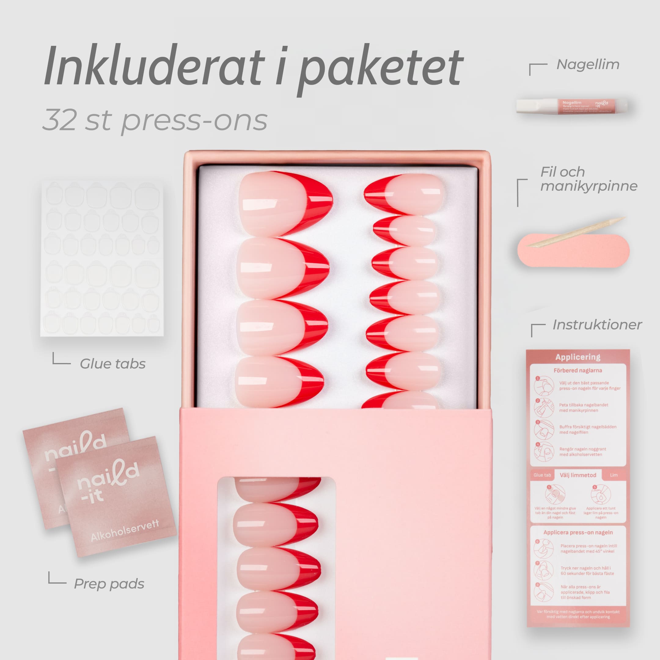 Press-on lösnaglar i almondform med röd fransk tipp och naturlig bas. Återanvändbara naglar som håller upp till 2 veckor med lim eller glue tabs.