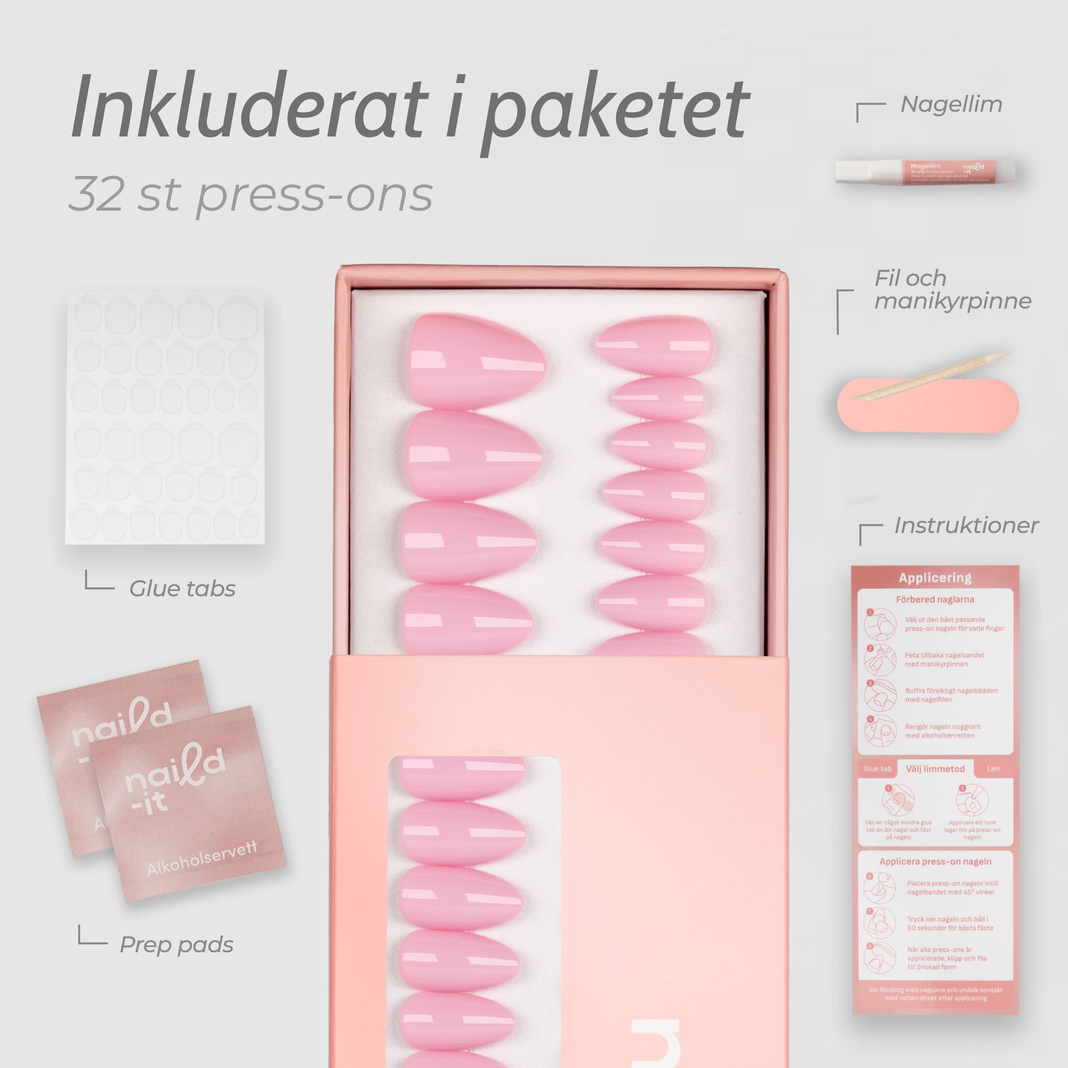 Rose Petal Almond är press-on naglar i en mjuk rosaton med högblank, gel-liknande finish. Den romantiska färgen är inspirerad av nyutslagna rosenblad och ger ett elegant, feminint uttryck som aldrig går ur stil.