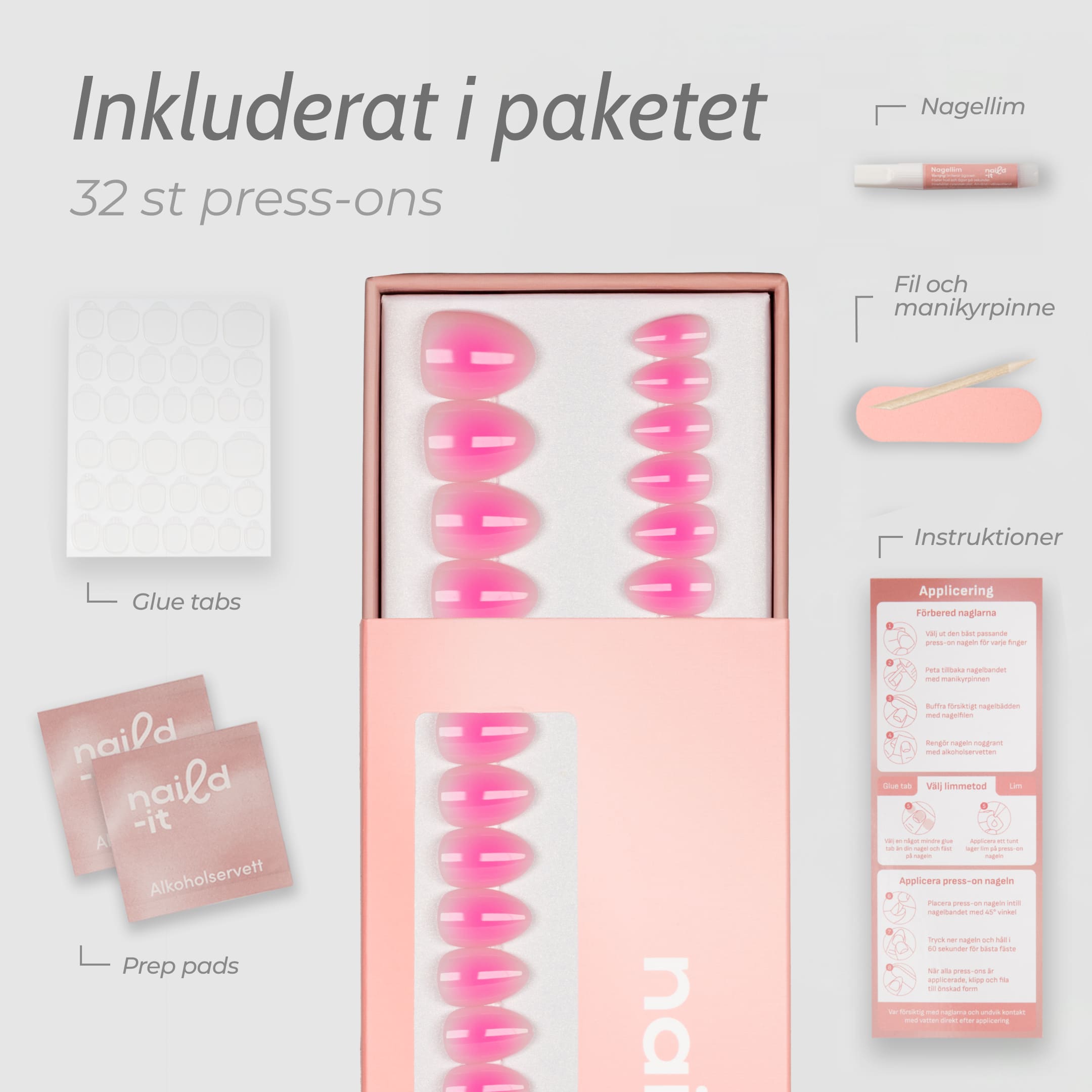 Den kortare längden ger ett naturligt och balanserat intryck som passar perfekt för kortare nagelbäddar och mindre händer. Designen har en ljusrosa bas med en poppig rosa blush i mitten – perfekt för dig som vill ha korta press-on naglar som känns pigga, färgstarka och fulla av energi.
