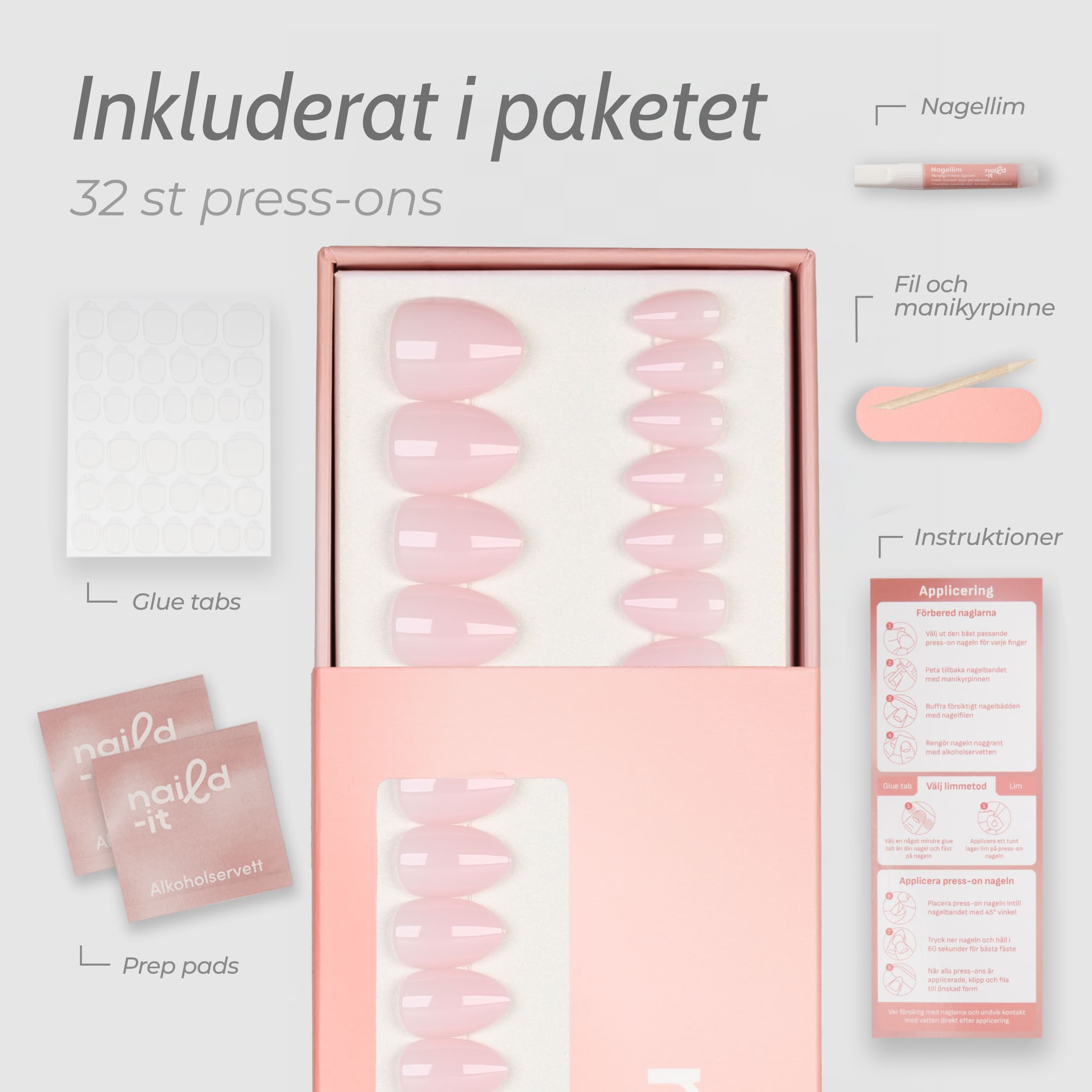 Soft Pink Almond Short press-on lösnaglar i kort almondform med mjuk rosa nyans och naturlig finish