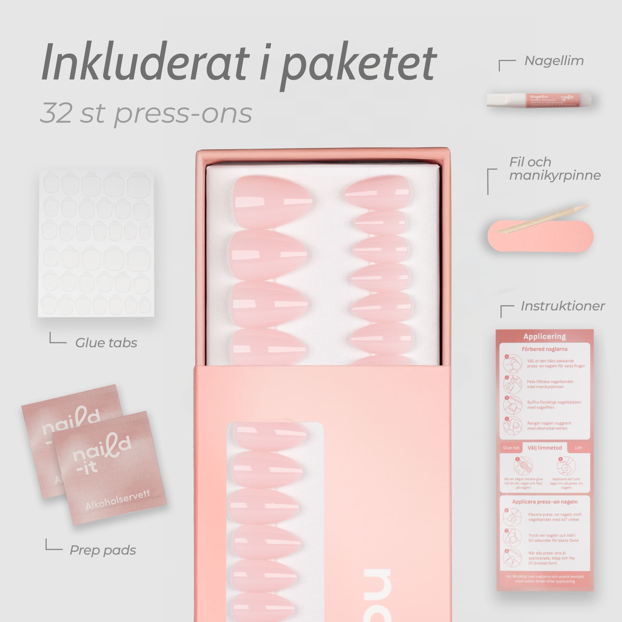 Soft Pink Almond rosa långa enfärgade lösnaglar press-on naglar Naild-it med lim och glue tabs