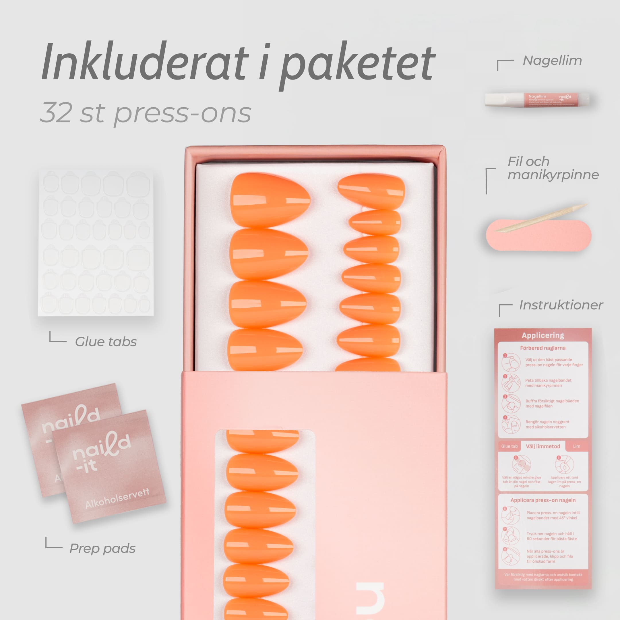 Tangerine Almond är press-on naglar i en mjuk och pigg orange nyans med högblank, gel-liknande finish.
