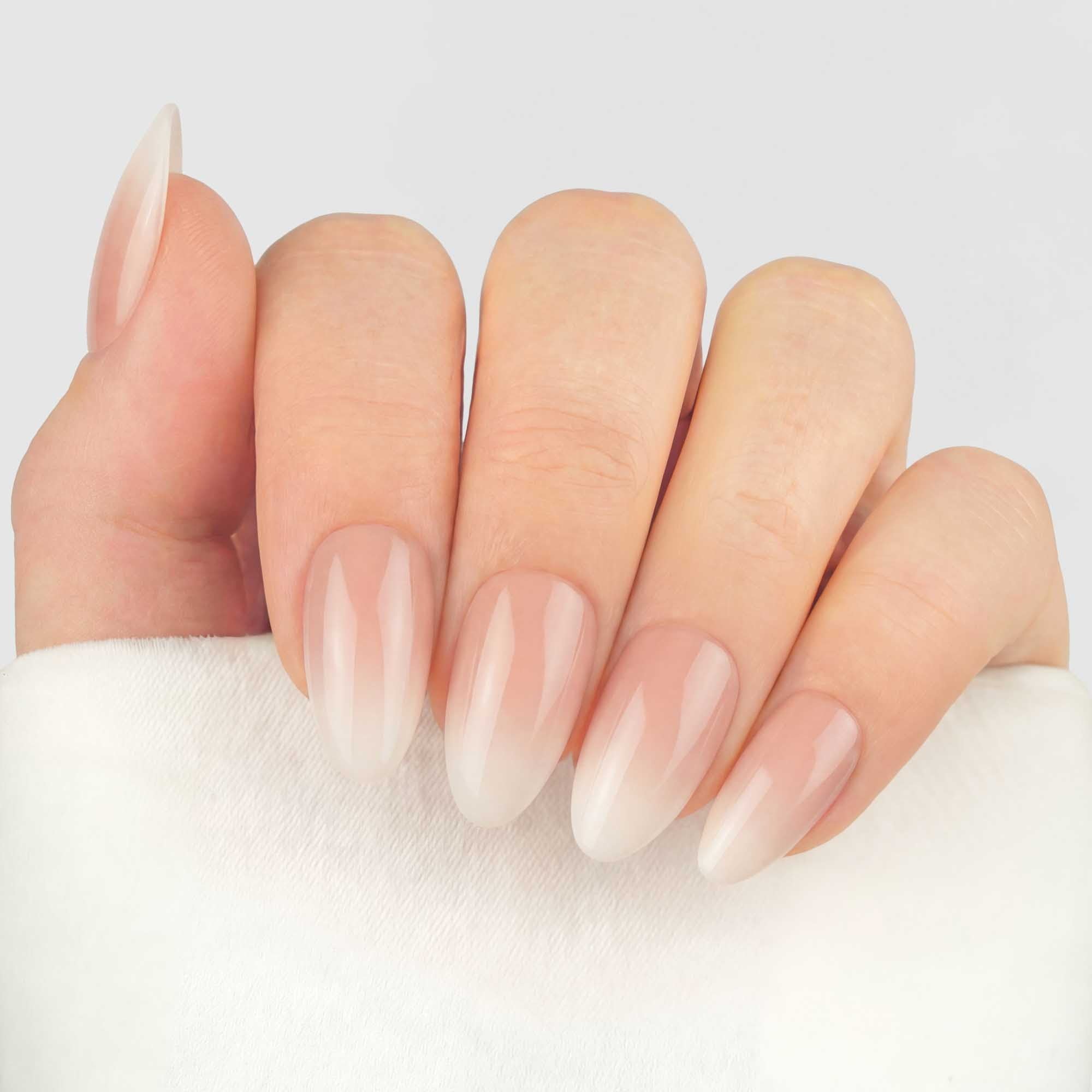 French Ombre Almond press-on lösnaglar i almondform med mjuk ombre-effekt från rosa till vitt