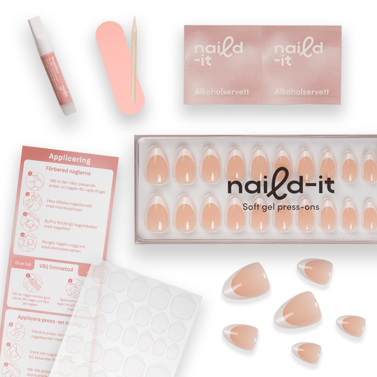 French Tip Almond – komplett kit med fransk manikyr press on naglar och tillbehör