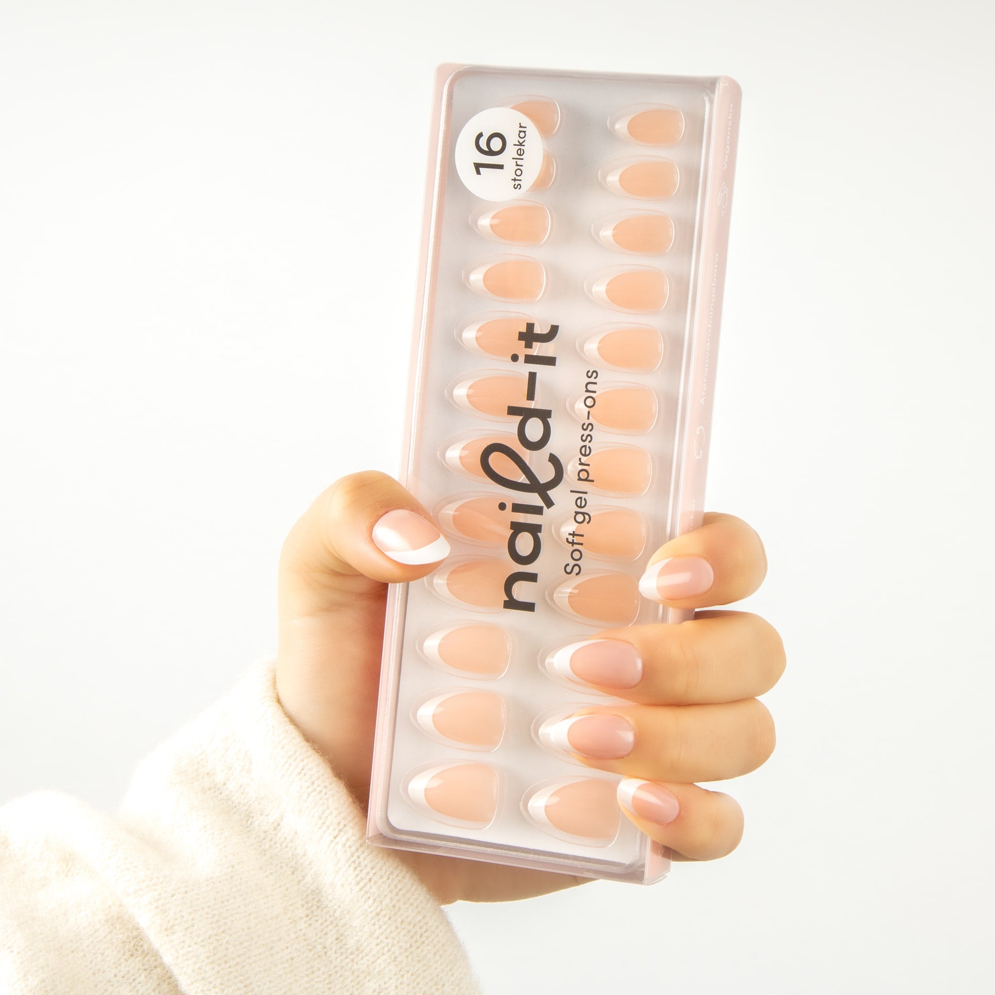 French Tip Almond – förpackning med fransk manikyr press on naglar